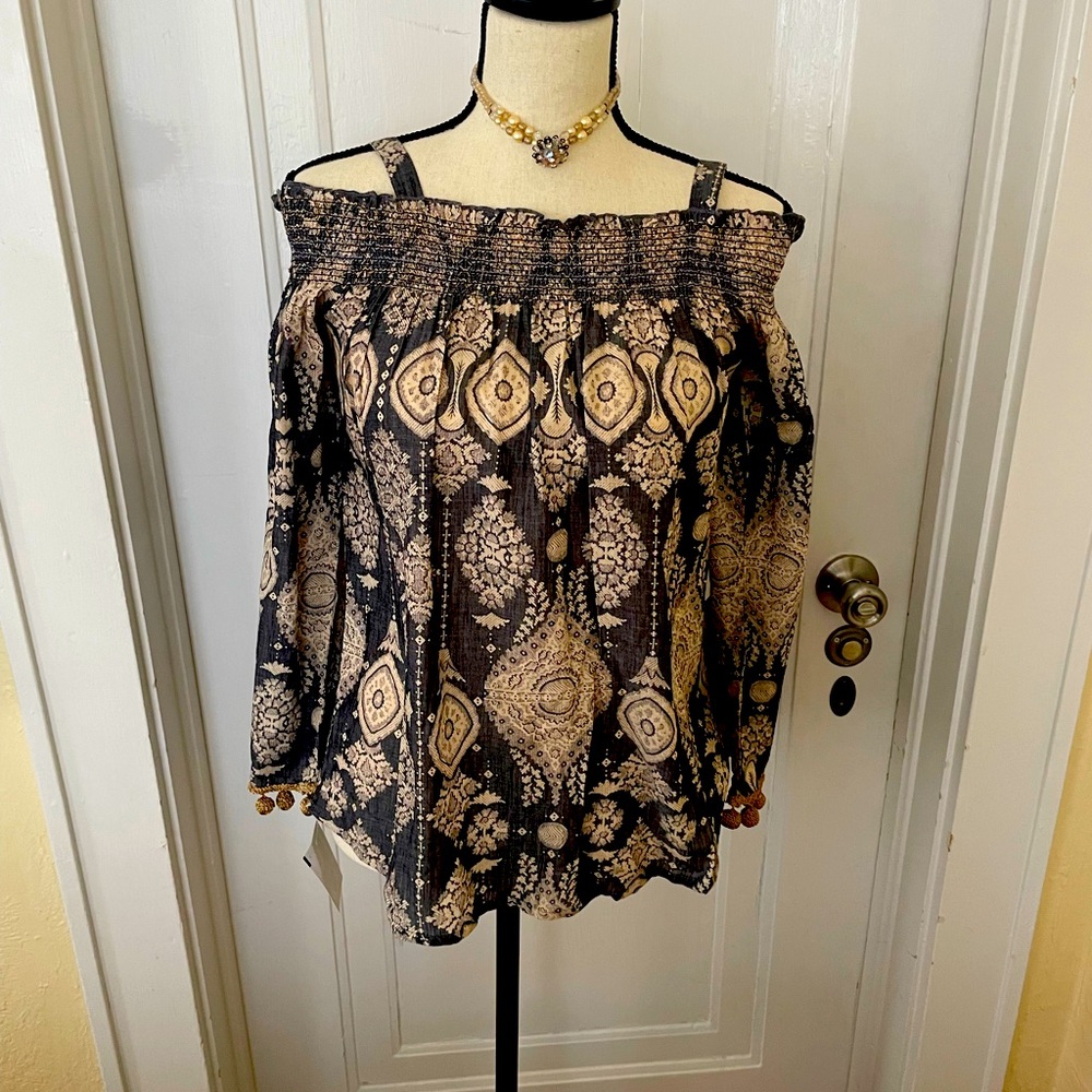 NWT Anthropologie Retro Style RagaTop off Shoulder w/Ball Fringe Sleeve  Size S‎